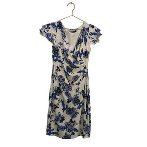 Lauren Ralph Blue Flutter Sleeve V-Neck Floral Print Dress Size 2P